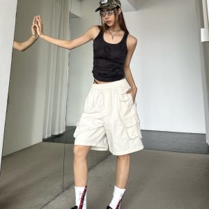 Retro Multi-Pocket Drawstring Elastic Waist Cargo Shorts - Slimming Loose Wide-Leg Five-Point Trendy Summer Pants