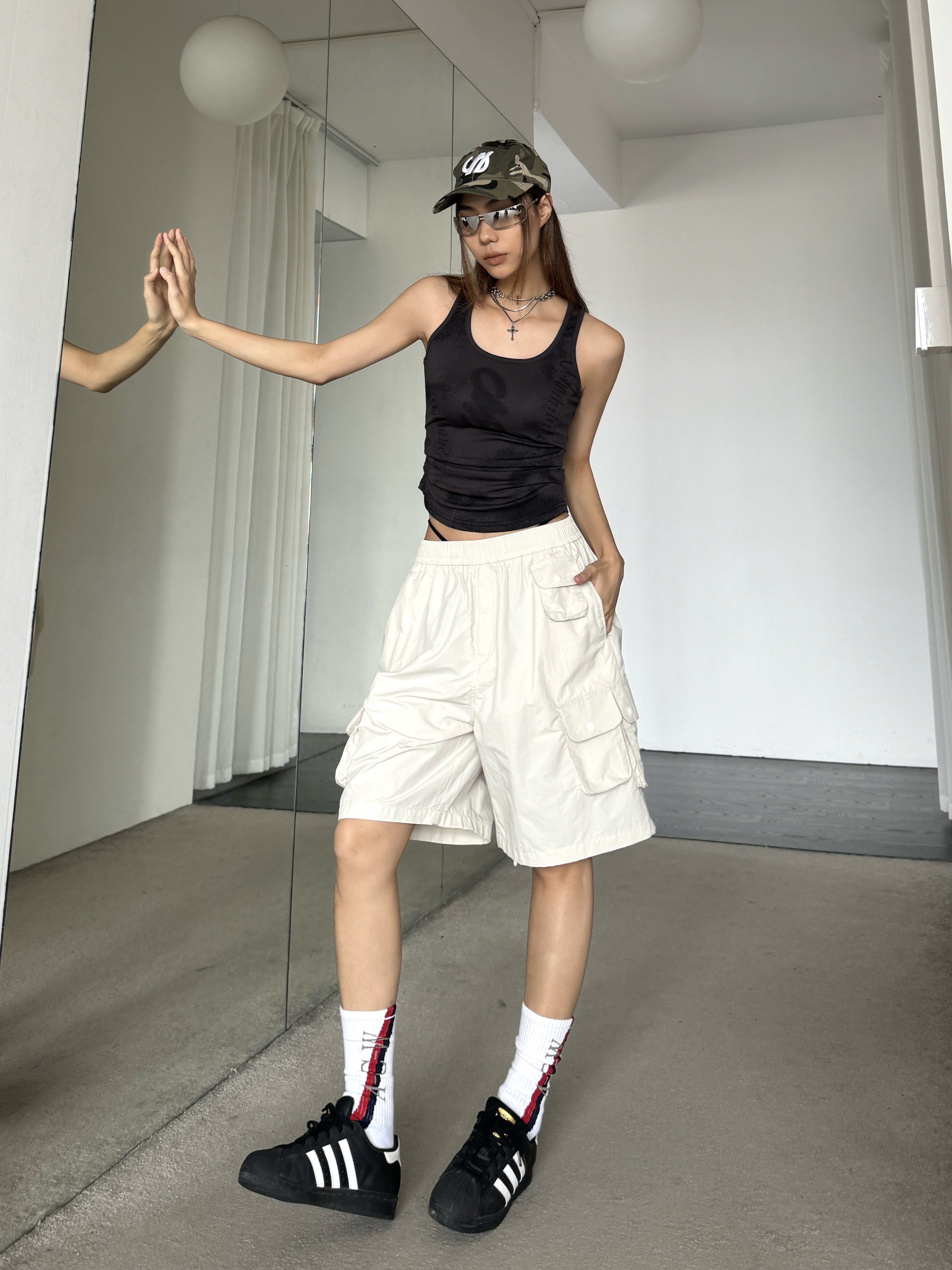Retro Multi-Pocket Drawstring Elastic Waist Cargo Shorts - Slimming Loose Wide-Leg Five-Point Trendy Summer Pants