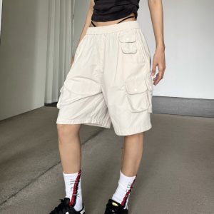 Retro Multi-Pocket Drawstring Elastic Waist Cargo Shorts - Slimming Loose Wide-Leg Five-Point Trendy Summer Pants