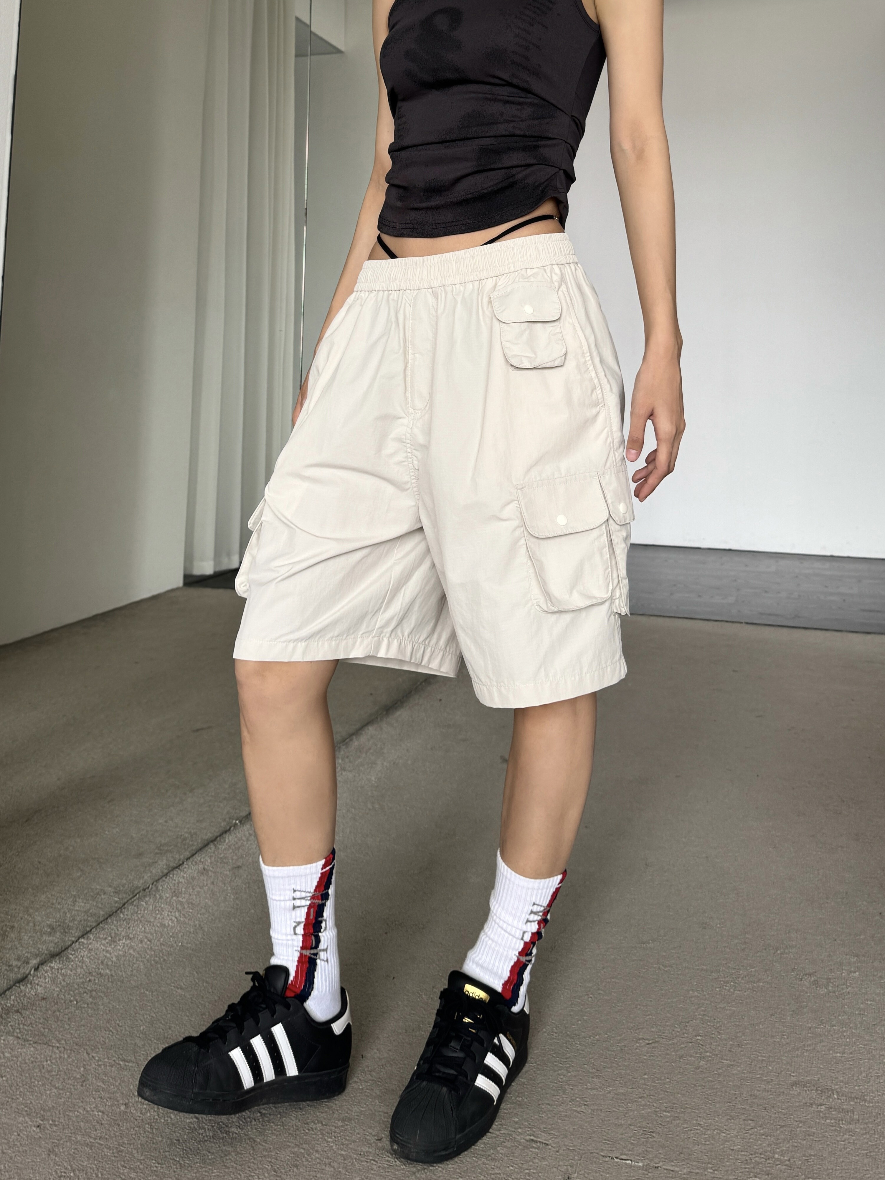 Retro Multi-Pocket Drawstring Elastic Waist Cargo Shorts - Slimming Loose Wide-Leg Five-Point Trendy Summer Pants