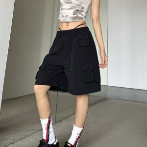 Retro Multi-Pocket Drawstring Elastic Waist Cargo Shorts - Slimming Loose Wide-Leg Five-Point Trendy Summer Pants