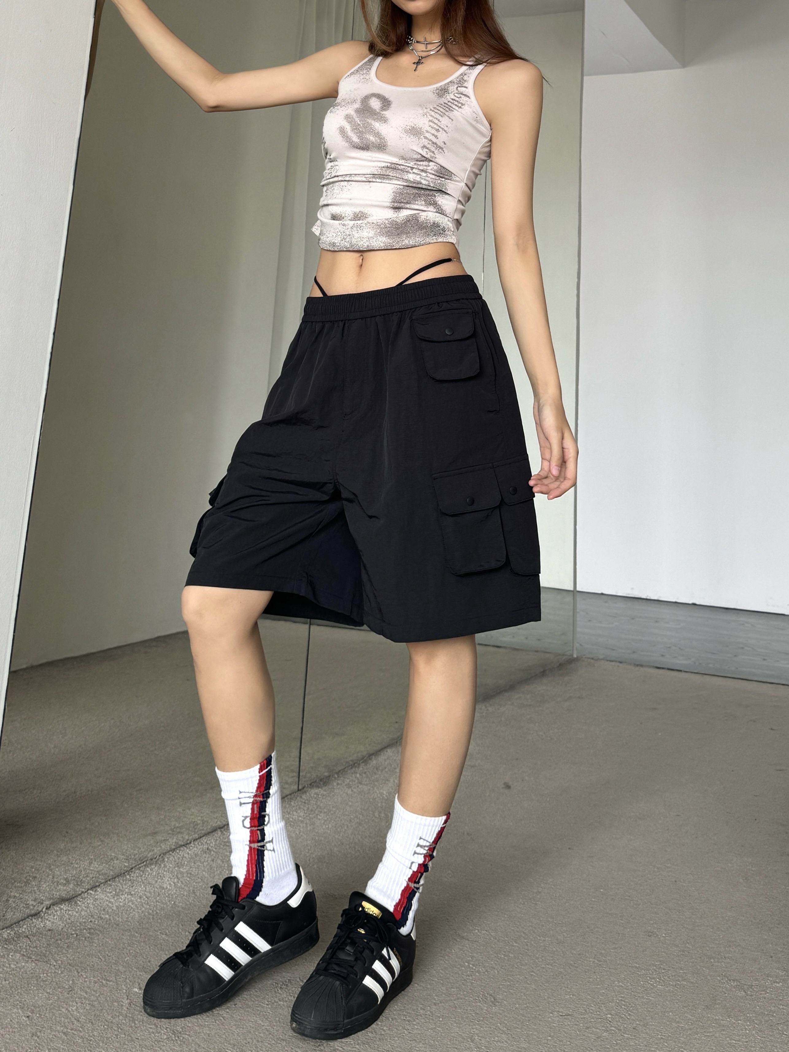 Retro Multi-Pocket Drawstring Elastic Waist Cargo Shorts - Slimming Loose Wide-Leg Five-Point Trendy Summer Pants