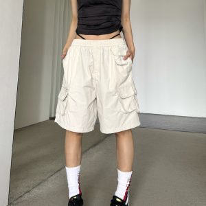 Retro Multi-Pocket Drawstring Elastic Waist Cargo Shorts - Slimming Loose Wide-Leg Five-Point Trendy Summer Pants