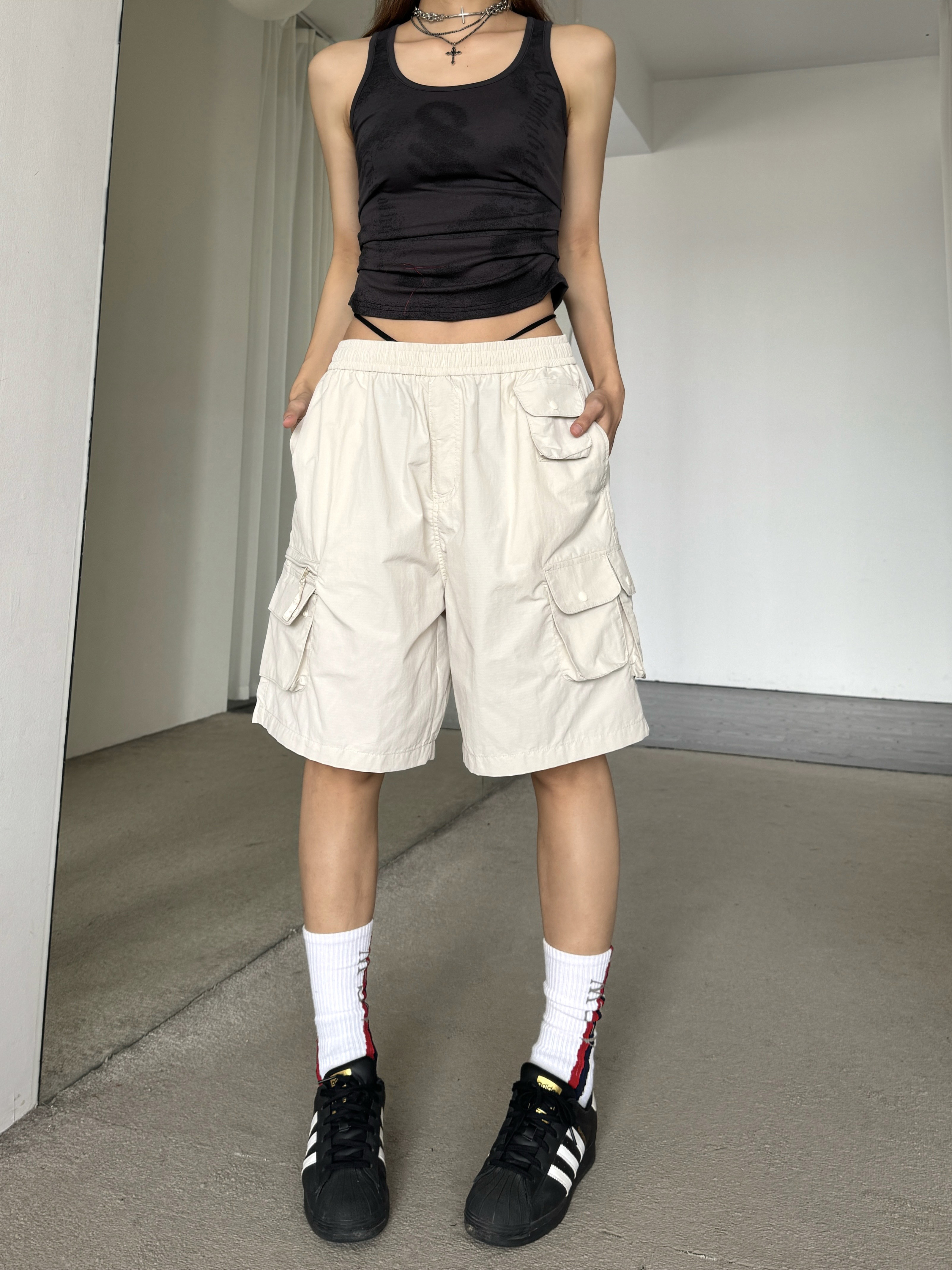 Retro Multi-Pocket Drawstring Elastic Waist Cargo Shorts - Slimming Loose Wide-Leg Five-Point Trendy Summer Pants