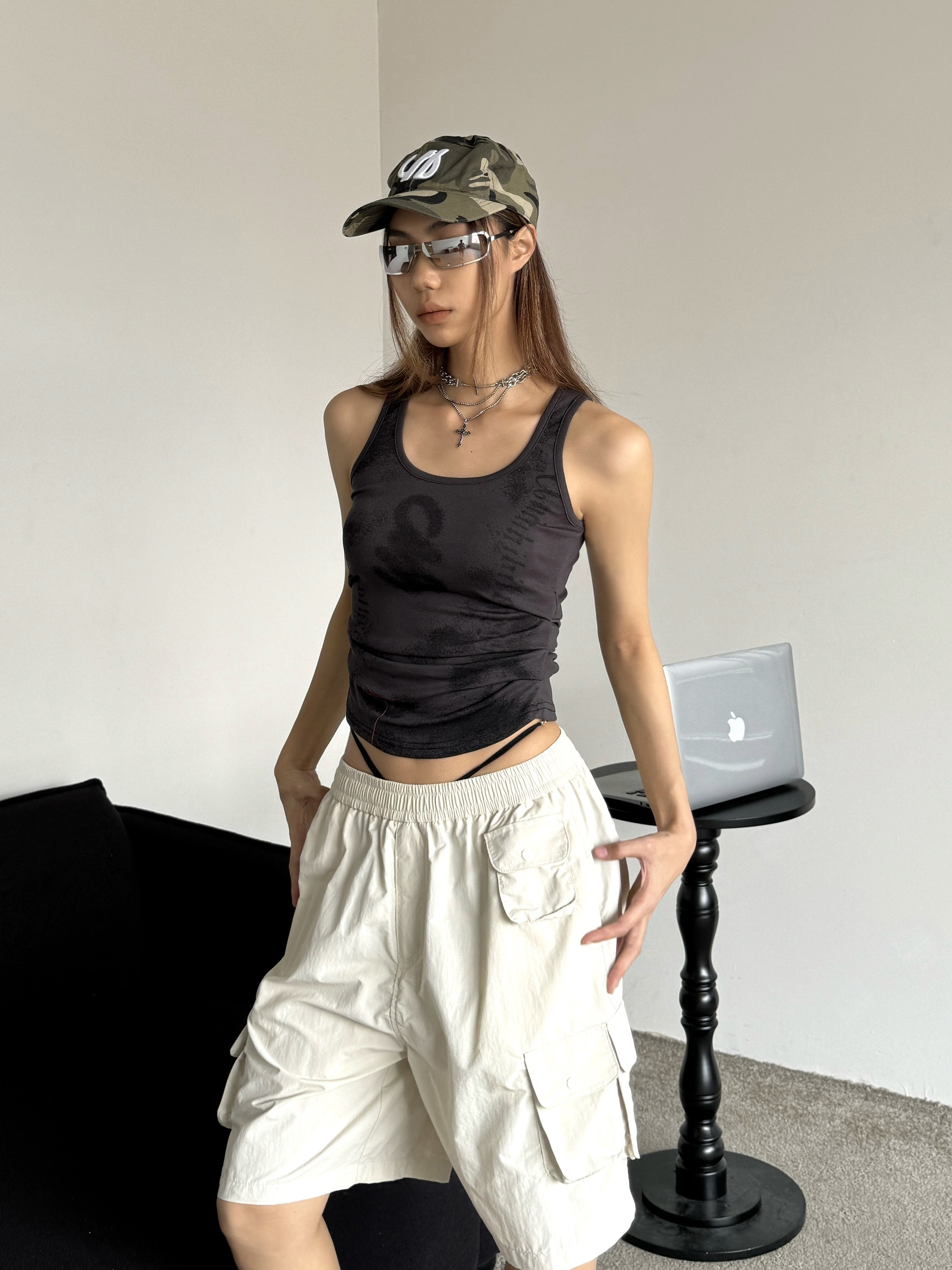 Retro Multi-Pocket Drawstring Elastic Waist Cargo Shorts - Slimming Loose Wide-Leg Five-Point Trendy Summer Pants