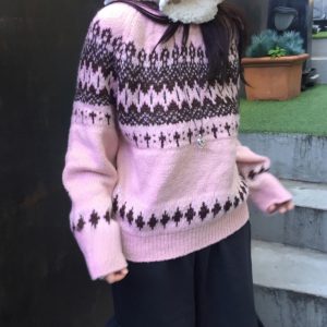 Retro Nordic Snowflake Knitted Sweater in Cream Pink - Casual Cute Winter Fashion