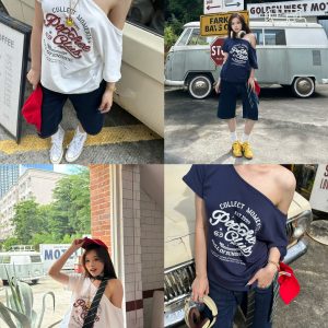 Retro Off-Shoulder Two-Color Vintage Printed T-Shirt for Girls - 90s American Style