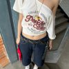 Retro Off-Shoulder Two-Color Vintage Printed T-Shirt for Girls - 90s American Style