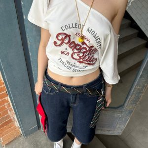 Retro Off-Shoulder Two-Color Vintage Printed T-Shirt for Girls - 90s American Style
