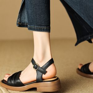 Retro One-Strap Flat Open-Toe Sandals for Women, Genuine Leather Casual Roman Shoes, Thick-Soled Peep-Toe Summer 2025 Style