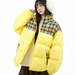 Retro Patchwork Checkered Cotton Puffer Jacket for Couples - Thickened Winter Coat, American Style, Original Design