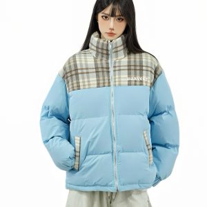 Retro Patchwork Checkered Cotton Puffer Jacket for Couples - Thickened Winter Coat, American Style, Original Design
