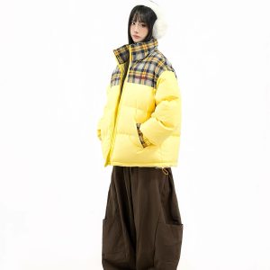 Retro Patchwork Checkered Cotton Puffer Jacket for Couples - Thickened Winter Coat, American Style, Original Design