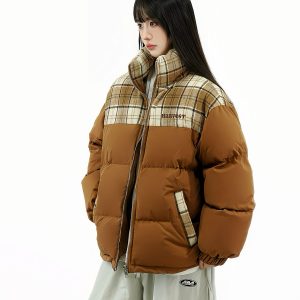 Retro Patchwork Checkered Cotton Puffer Jacket for Couples - Thickened Winter Coat, American Style, Original Design