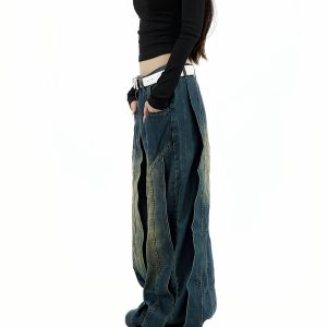 Retro Patchwork Distressed Denim Pants for Unisex - Loose Wide-Leg Trousers in American Style, Niche Design for 90s Aesthetic