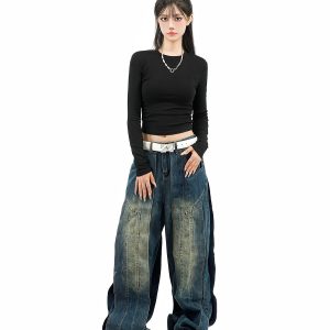 Retro Patchwork Distressed Denim Pants for Unisex - Loose Wide-Leg Trousers in American Style, Niche Design for 90s Aesthetic