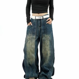 Retro Patchwork Distressed Denim Pants for Unisex - Loose Wide-Leg Trousers in American Style, Niche Design for 90s Aesthetic