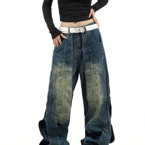 Retro Patchwork Distressed Denim Pants for Unisex - Loose Wide-Leg Trousers in American Style, Niche Design for 90s Aesthetic