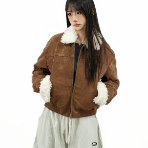 Retro Patchwork Lamb Wool Imitation Suede Short Quilted Leather Jacket for Women - Winter Thickened Cotton Coat