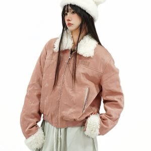 Retro Patchwork Lamb Wool Imitation Suede Short Quilted Leather Jacket for Women - Winter Thickened Cotton Coat
