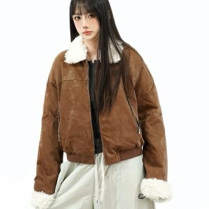 Retro Patchwork Lamb Wool Imitation Suede Short Quilted Leather Jacket for Women - Winter Thickened Cotton Coat