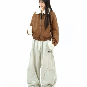 Retro Patchwork Lamb Wool Imitation Suede Short Quilted Leather Jacket for Women - Winter Thickened Cotton Coat