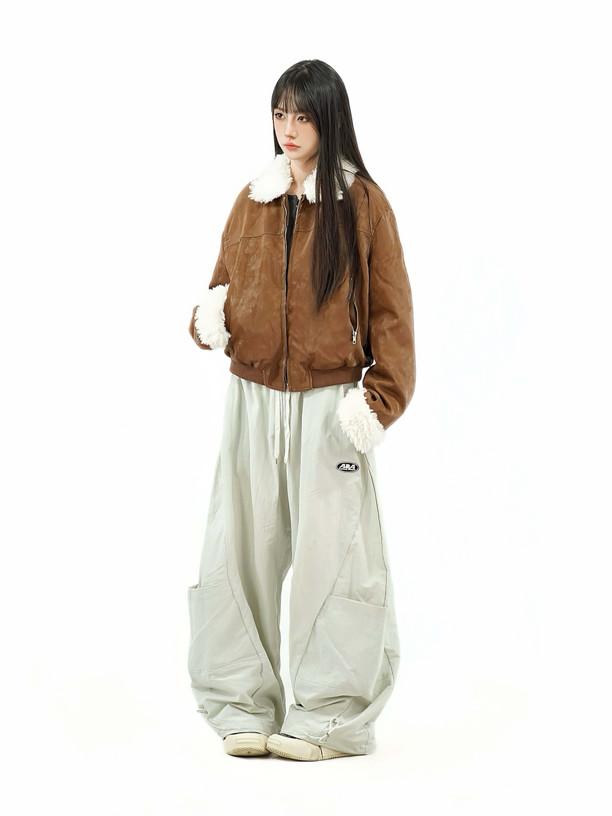 Retro Patchwork Lamb Wool Imitation Suede Short Quilted Leather Jacket for Women - Winter Thickened Cotton Coat