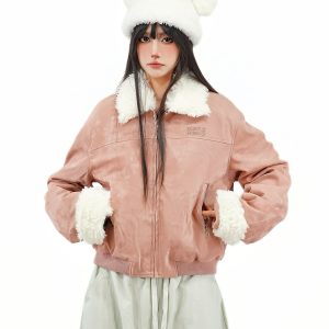 Retro Patchwork Lamb Wool Imitation Suede Short Quilted Leather Jacket for Women - Winter Thickened Cotton Coat