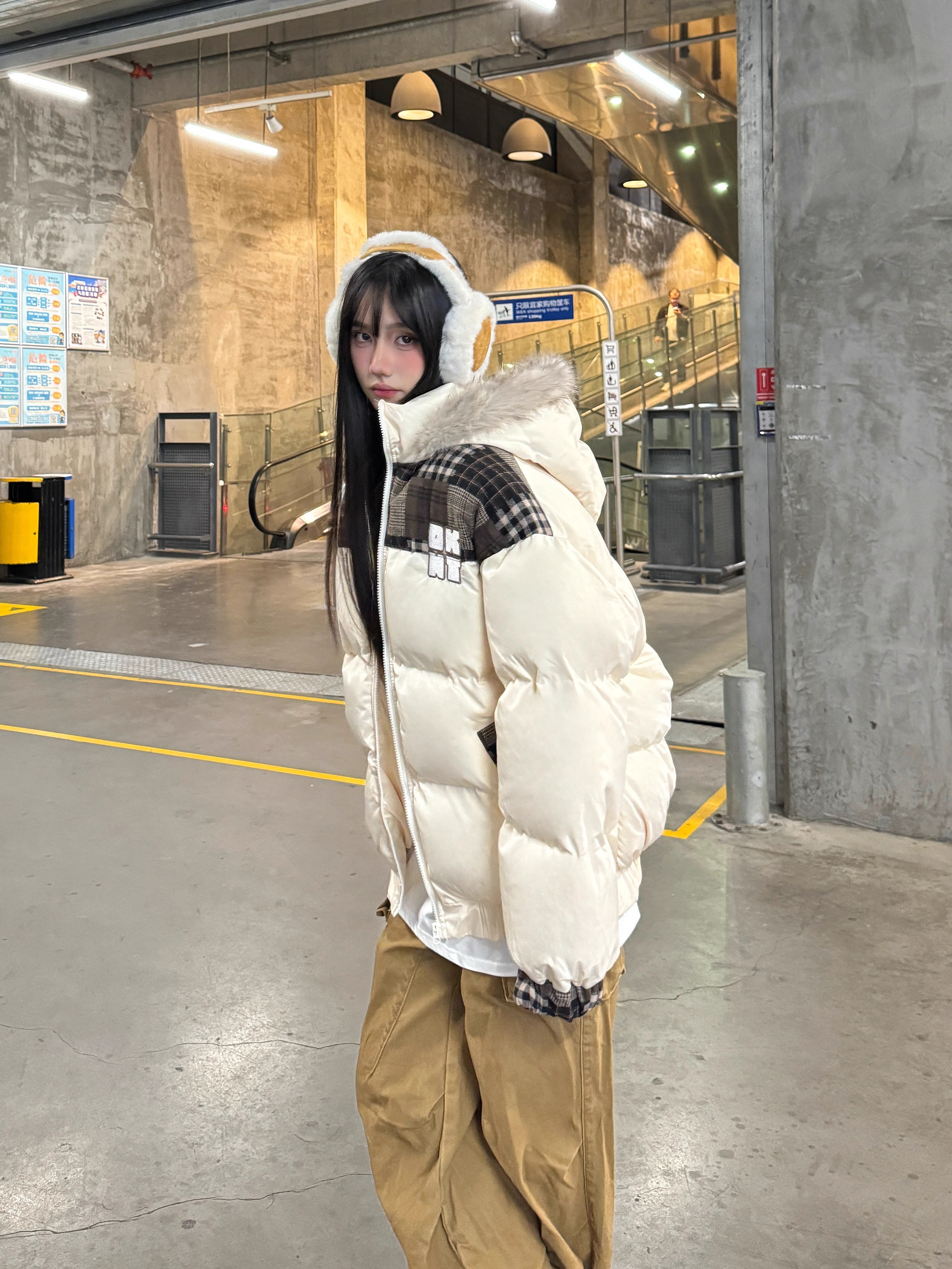 Retro Patchwork Plaid Coat with Detachable Fur Collar - Warm Thick Cotton Winter Jacket