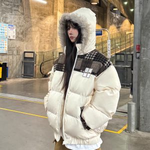 Retro Patchwork Plaid Coat with Detachable Fur Collar - Warm Thick Cotton Winter Jacket