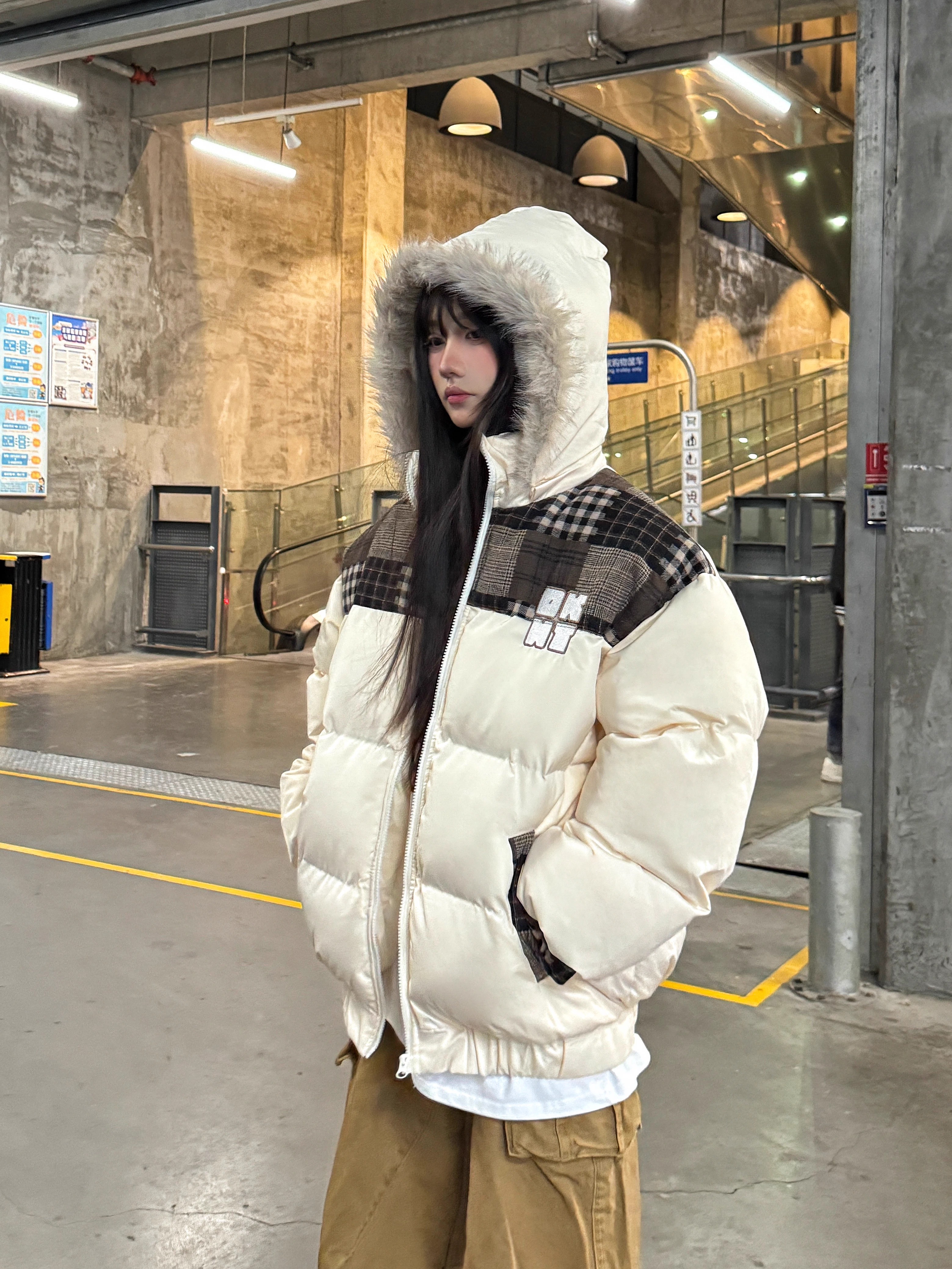 Retro Patchwork Plaid Coat with Detachable Fur Collar - Warm Thick Cotton Winter Jacket
