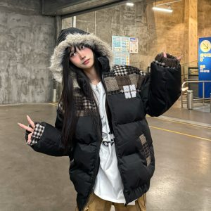 Retro Patchwork Plaid Coat with Detachable Fur Collar - Warm Thick Cotton Winter Jacket