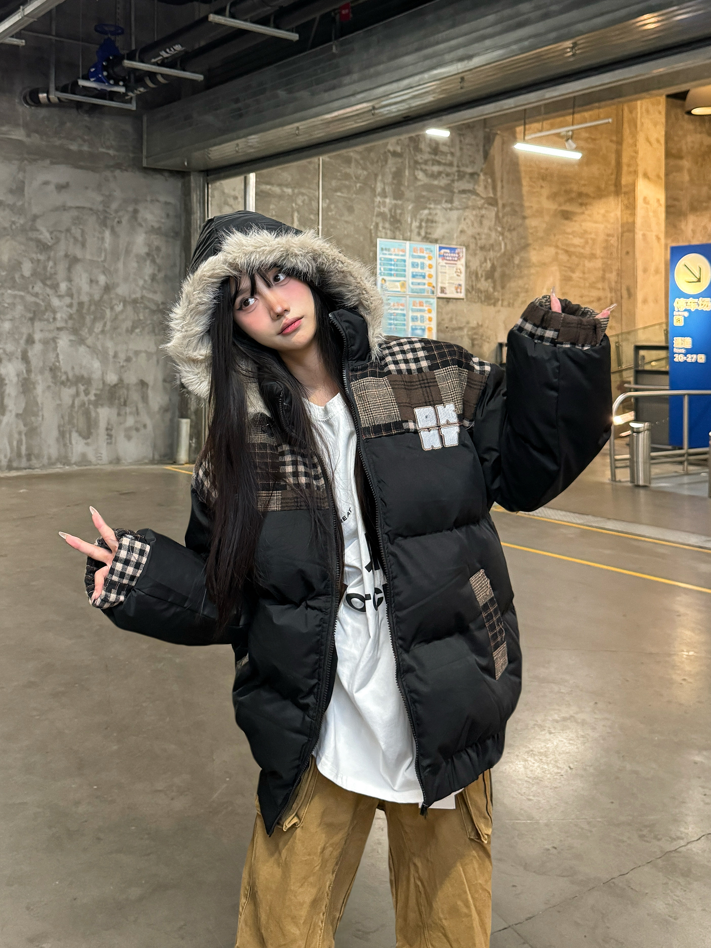 Retro Patchwork Plaid Coat with Detachable Fur Collar - Warm Thick Cotton Winter Jacket