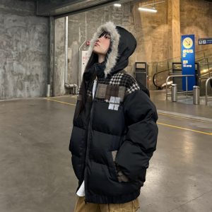 Retro Patchwork Plaid Coat with Detachable Fur Collar - Warm Thick Cotton Winter Jacket