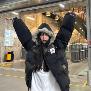 Retro Patchwork Plaid Coat with Detachable Fur Collar - Warm Thick Cotton Winter Jacket