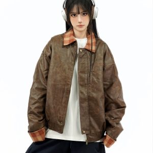 Retro Patchwork Plaid Leather Jacket for Women - Thickened Cotton Winter Outerwear, Loose Fit, Vintage American Style