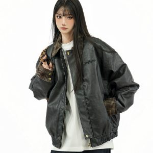 Retro Patchwork Plaid Leather Jacket for Women - Thickened Cotton Winter Outerwear, Loose Fit, Vintage American Style