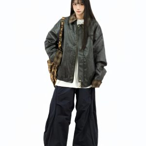 Retro Patchwork Plaid Leather Jacket for Women - Thickened Cotton Winter Outerwear, Loose Fit, Vintage American Style