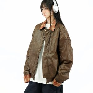 Retro Patchwork Plaid Leather Jacket for Women - Thickened Cotton Winter Outerwear, Loose Fit, Vintage American Style