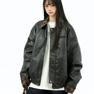 Retro Patchwork Plaid Leather Jacket for Women - Thickened Cotton Winter Outerwear, Loose Fit, Vintage American Style