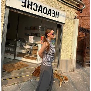Retro Plaid Backless Halter Top with Swing Collar - Women's Summer Fashion, 3D Design, Trendy 90s Style