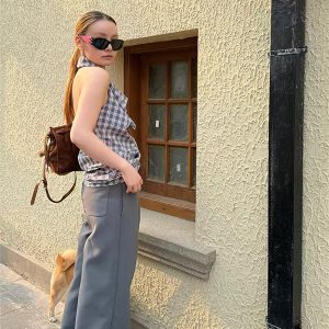 Retro Plaid Backless Halter Top with Swing Collar - Women's Summer Fashion, 3D Design, Trendy 90s Style