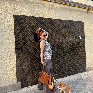 Retro Plaid Backless Halter Top with Swing Collar - Women's Summer Fashion, 3D Design, Trendy 90s Style