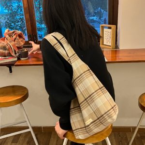 Retro Plaid Women's Handheld Shoulder Bag - Versatile Textured Cloth Tote for Coffee and Tea Lovers