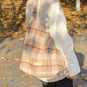 Retro Plaid Women's Handheld Shoulder Bag - Versatile Textured Cloth Tote for Coffee and Tea Lovers