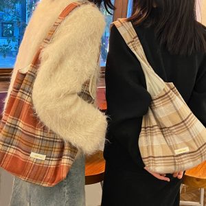 Retro Plaid Women's Handheld Shoulder Bag - Versatile Textured Cloth Tote for Coffee and Tea Lovers