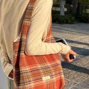 Retro Plaid Women's Handheld Shoulder Bag - Versatile Textured Cloth Tote for Coffee and Tea Lovers