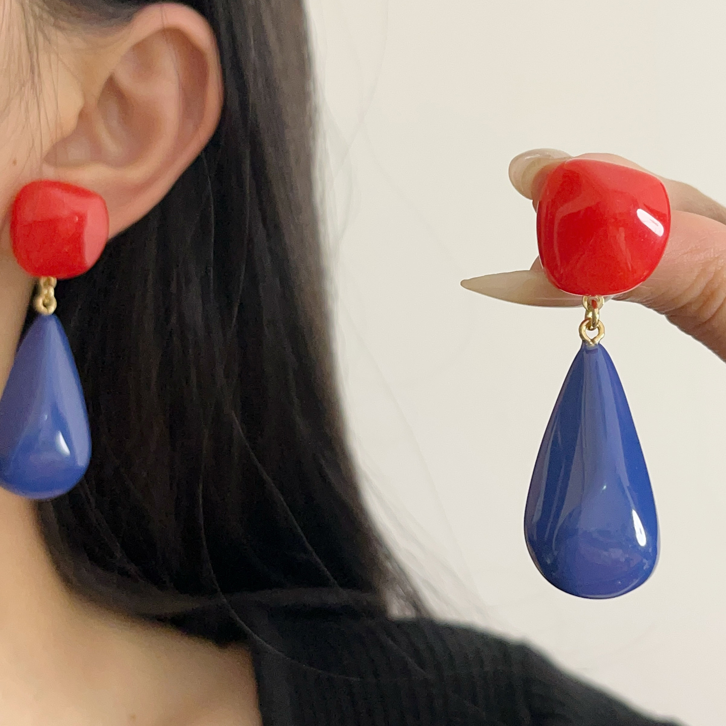 Retro Red and Blue Color-Blocking Water Drop Earrings for Women - Lightweight Resin Studs for a High-End Look and Small Face Appearance