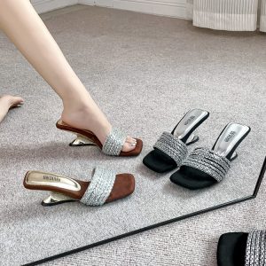 Retro Rhinestone High-Heeled Shoes for Women - Square-Toe Wedge Sandals, Elegant One-Strap Flip-Flops for Summer 2025