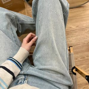 Retro Rhinestone Wide-Leg Jeans for Women - High-Waisted, Loose-Fit, Slim Straight-Leg Spring 2025 Fashion